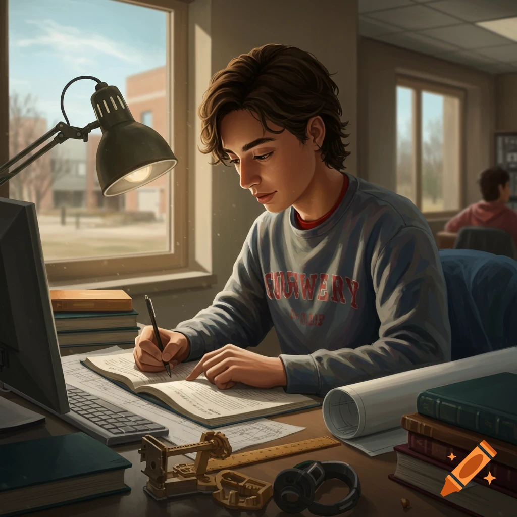 A student studies at a desk with books, papers, and engineering tools by lamp and window light.