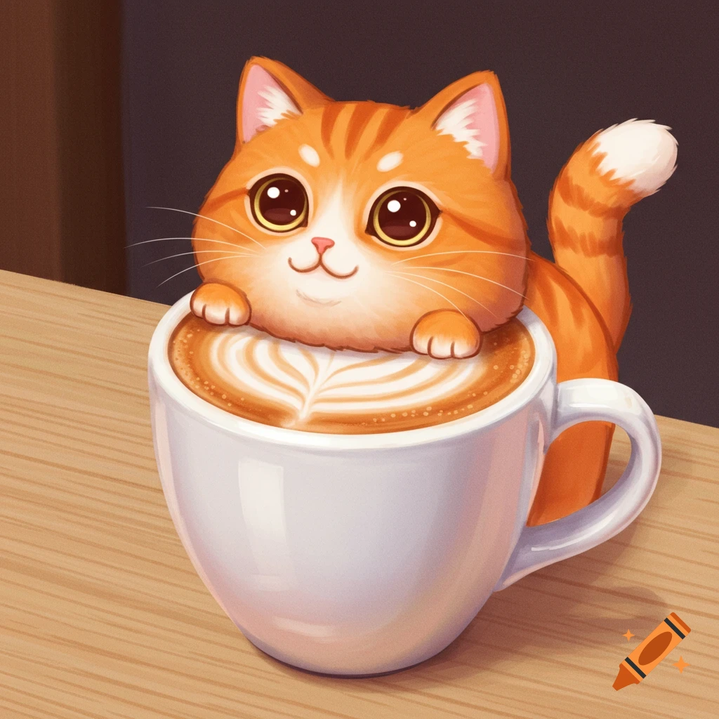 Cartoon orange tabby cat sitting in a coffee cup with latte art on a wooden table.
