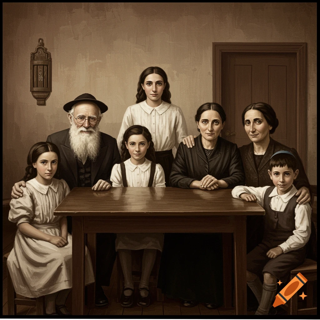A sepia-toned image in the style of a vintage photograph shows a Jewish family gathered around a table.