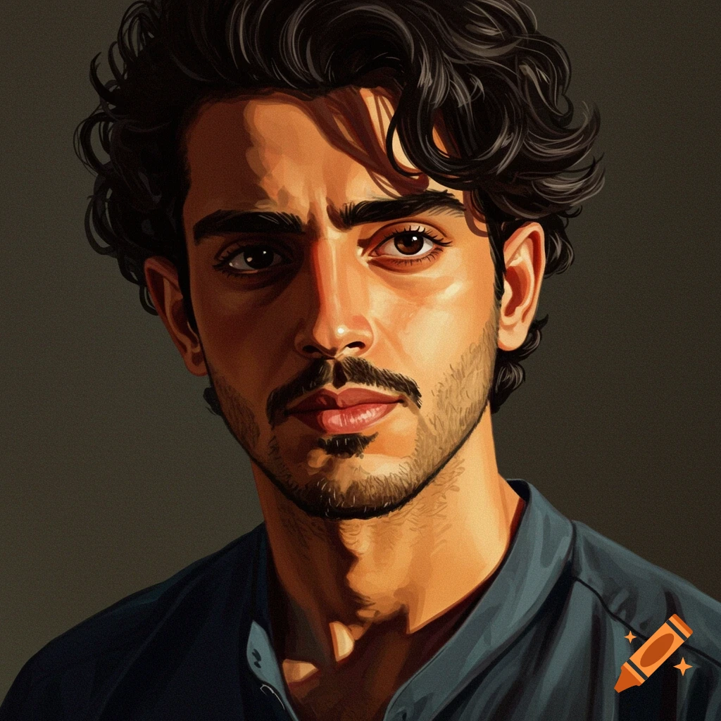 Portrait of a young man with dark curly hair and beard in a blue shirt, side lit
