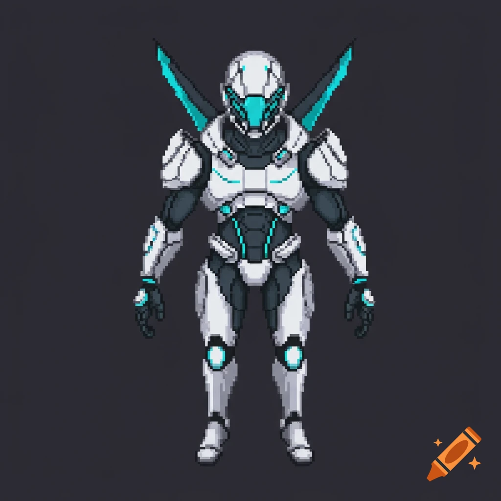 A pixel art sci-fi robot character, white and cyan, standing.