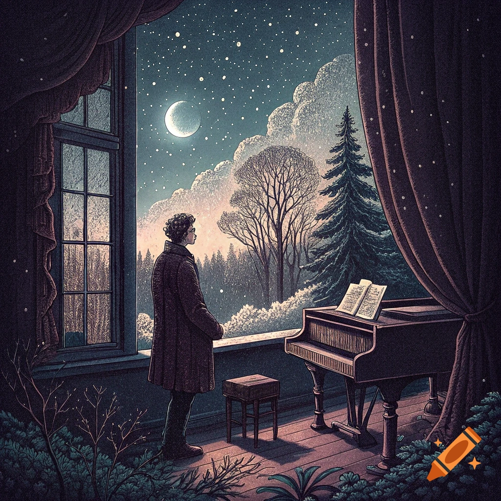 Pointillism illustration of a man standing by a window looking out at a snowy night sky with the moon, beside a piano.
