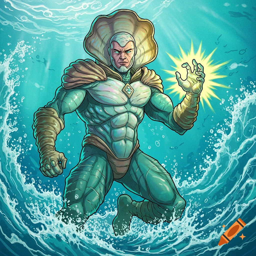 An oyster superhero in water with a glowing hand.