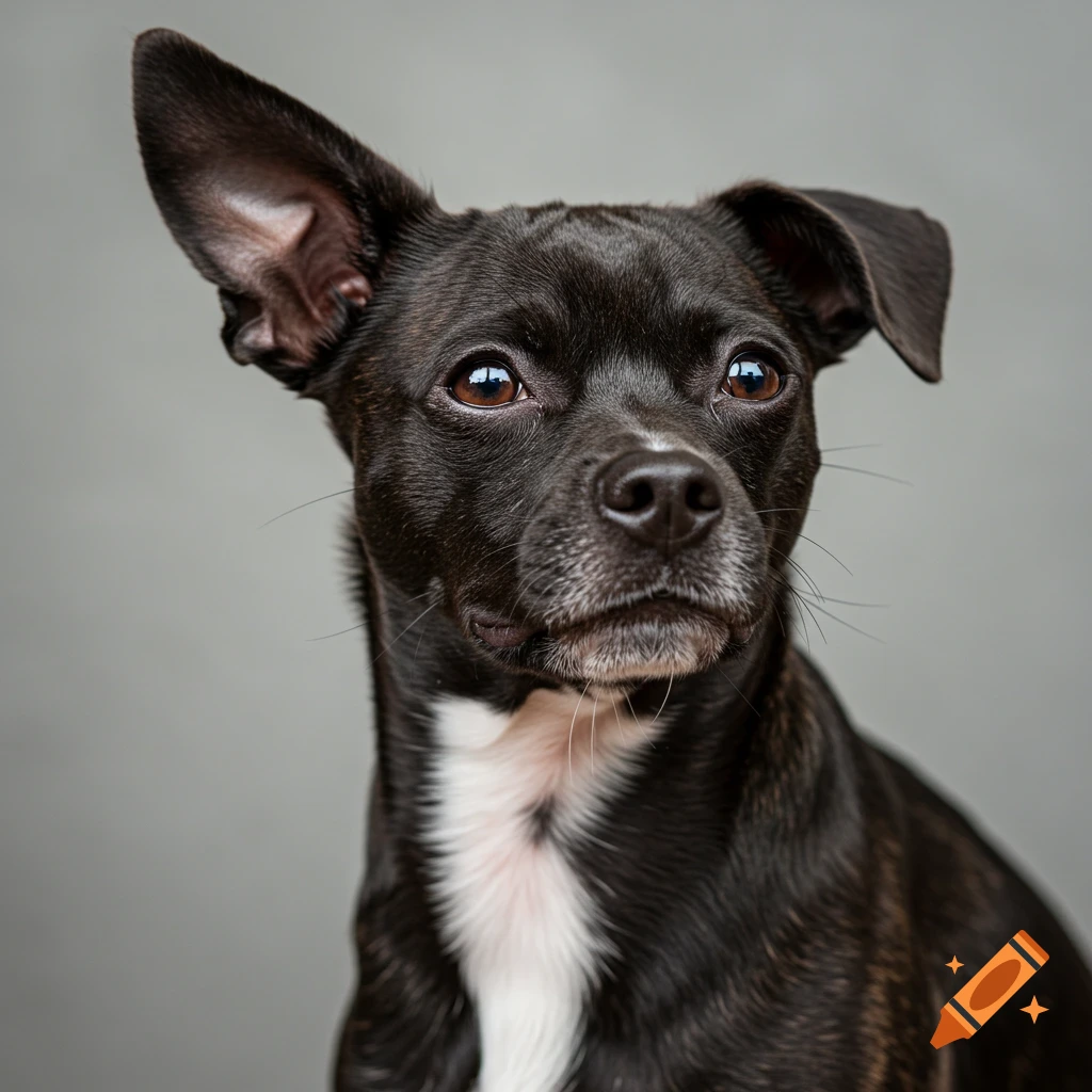 Close-up portrait of a black dog with one ear up