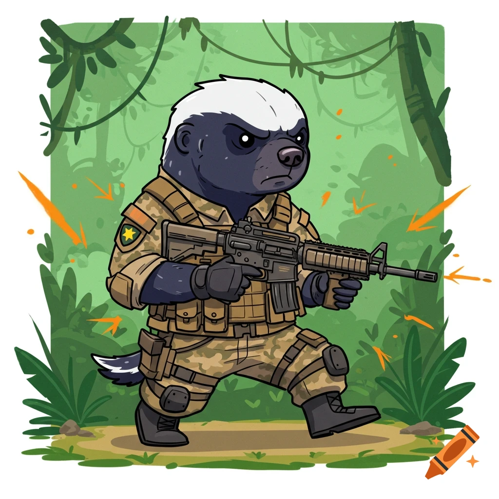 Cartoon honey badger in camouflage with a rifle walks through a jungle.
