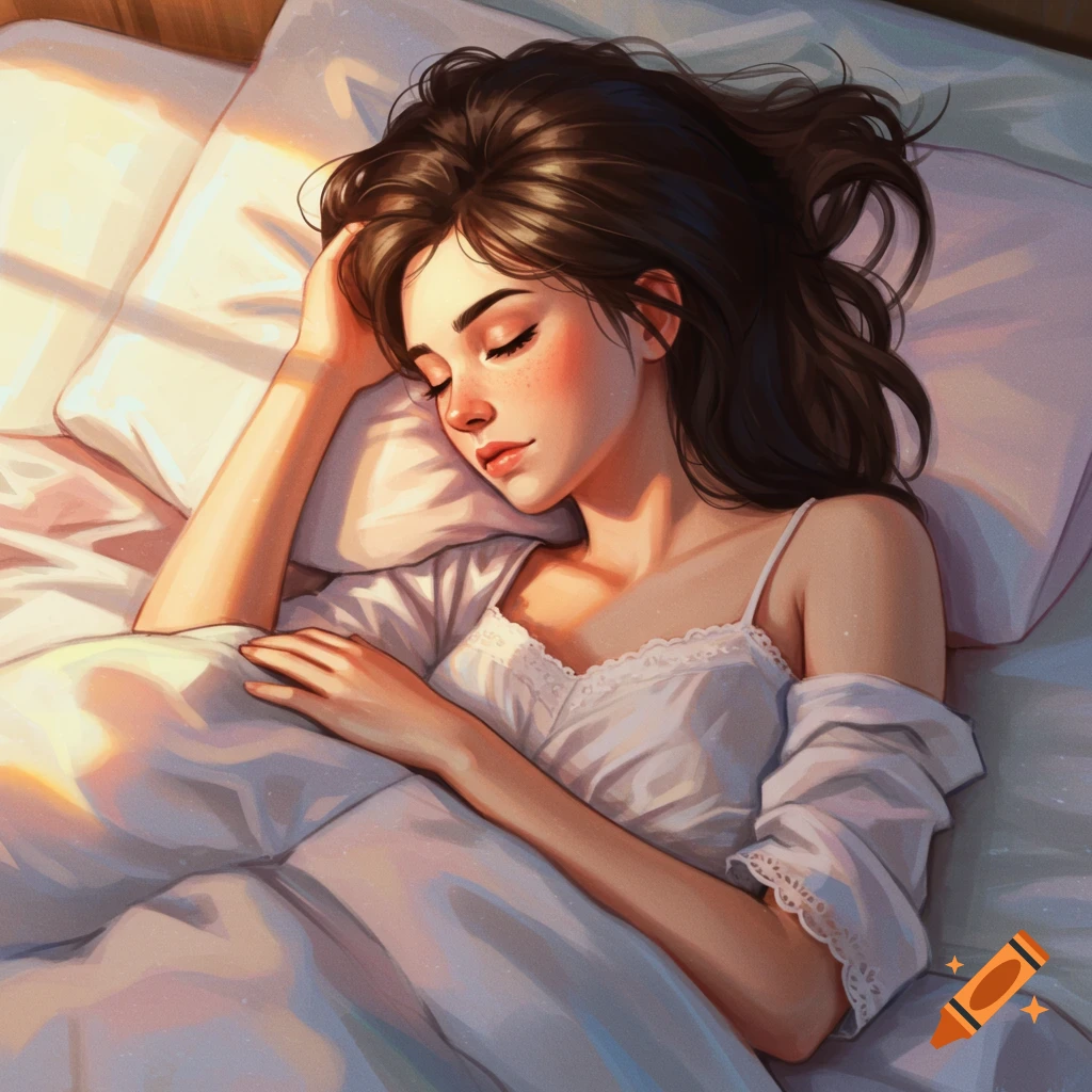 A young woman sleeps peacefully in bed, bathed in the soft glow of sunlight.