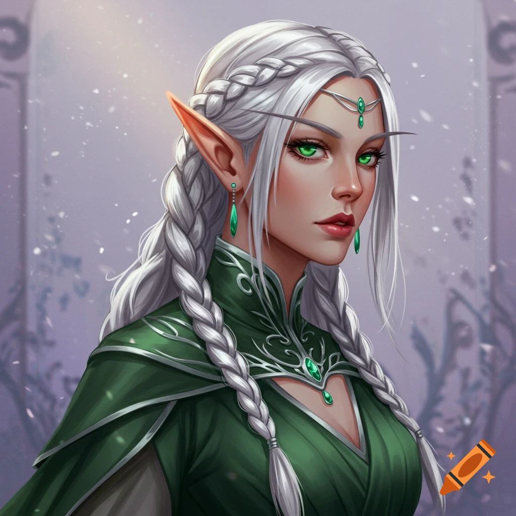 A female elf with emerald eyes and silver braided hair in a green dress.