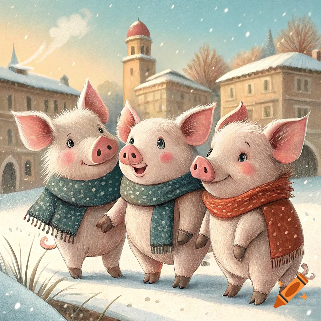 Three cartoon pigs wearing scarves stand in the snow in a town.