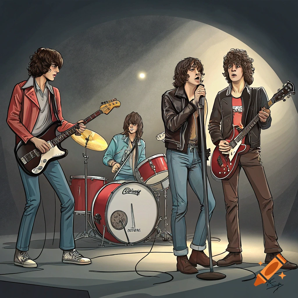 Illustration of a rock band playing on stage.