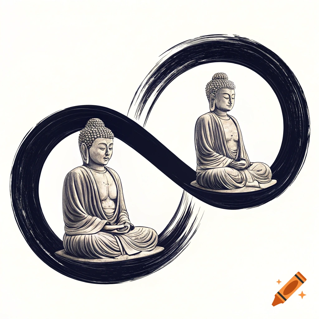 Two Buddha figures meditating within a black brush stroke infinity symbol on white background.