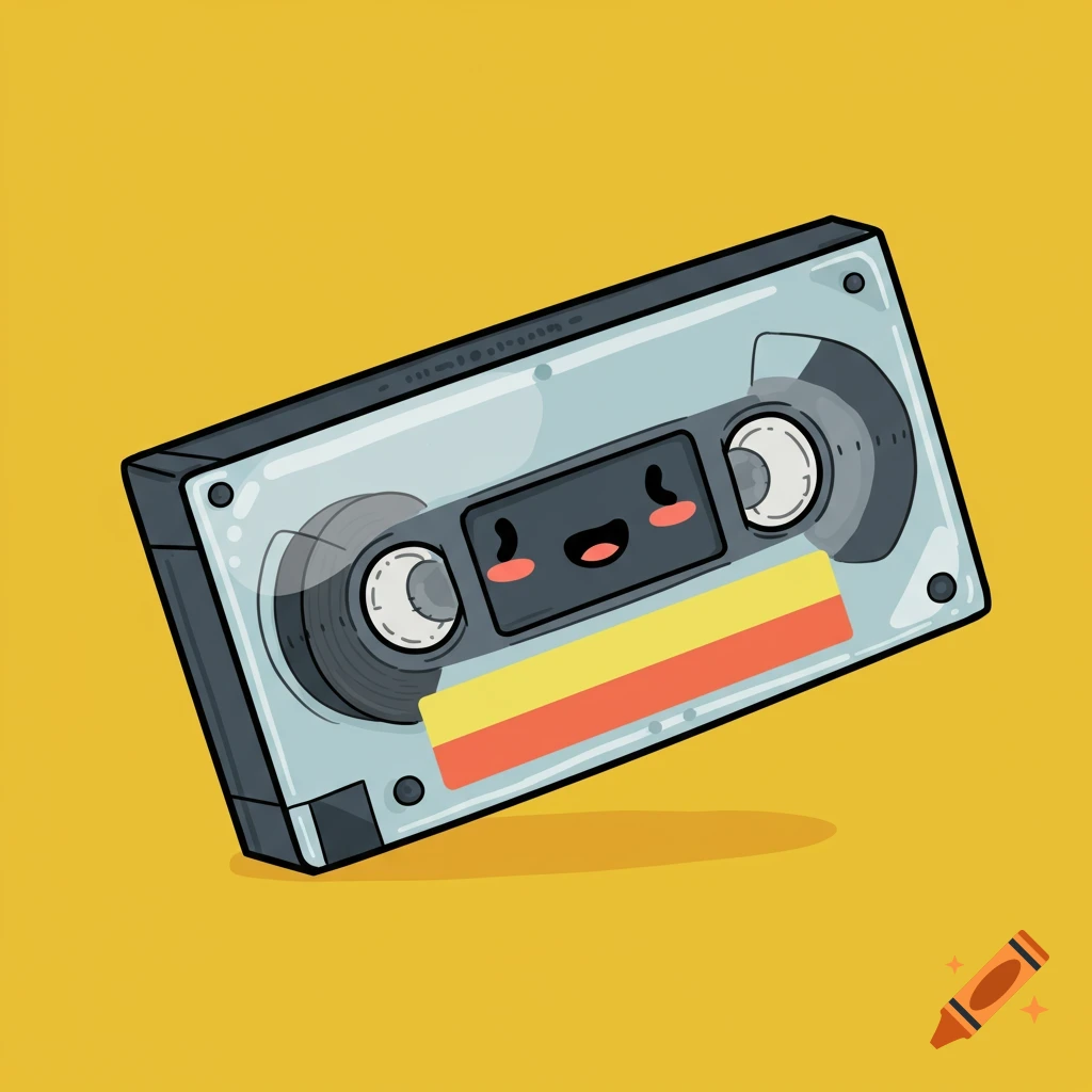 Cartoon illustration of a cute VHS tape character on a yellow background.