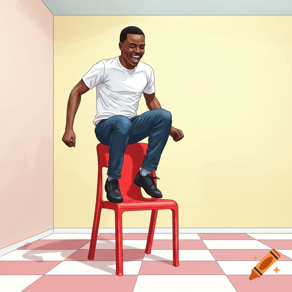 A black man is shown bouncing on a red chair in a room with a checkered floor.