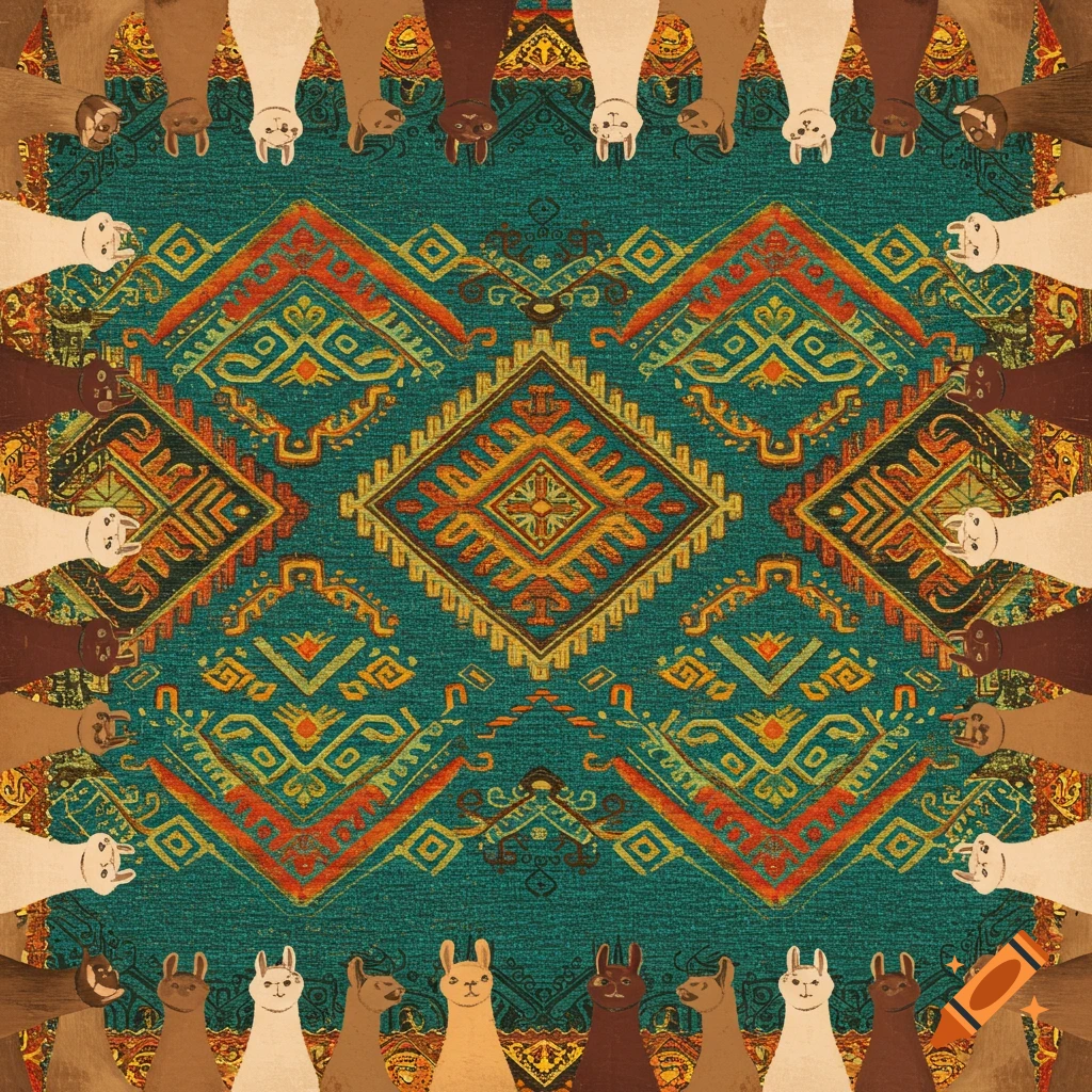 A colorful rug with geometric patterns framed by llamas.