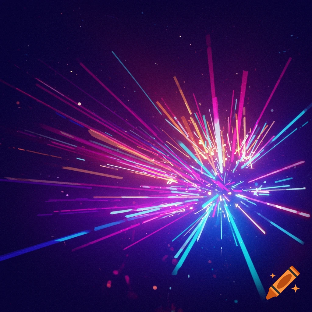 Vibrant, colorful light trails bursting outwards on a dark background.