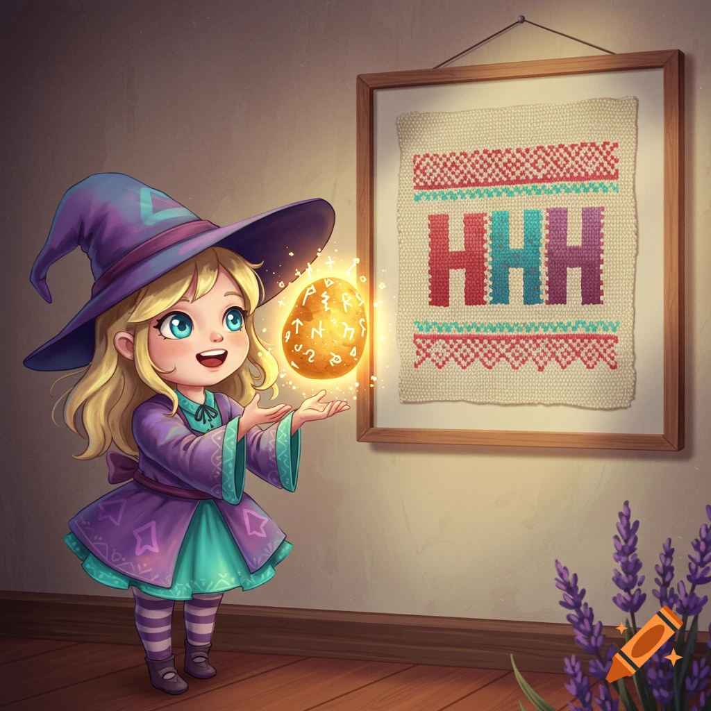 A cute cartoon little witch holds a glowing potato covered in symbols. Behind her, a framed embroidery on the wall shows three large H letters.