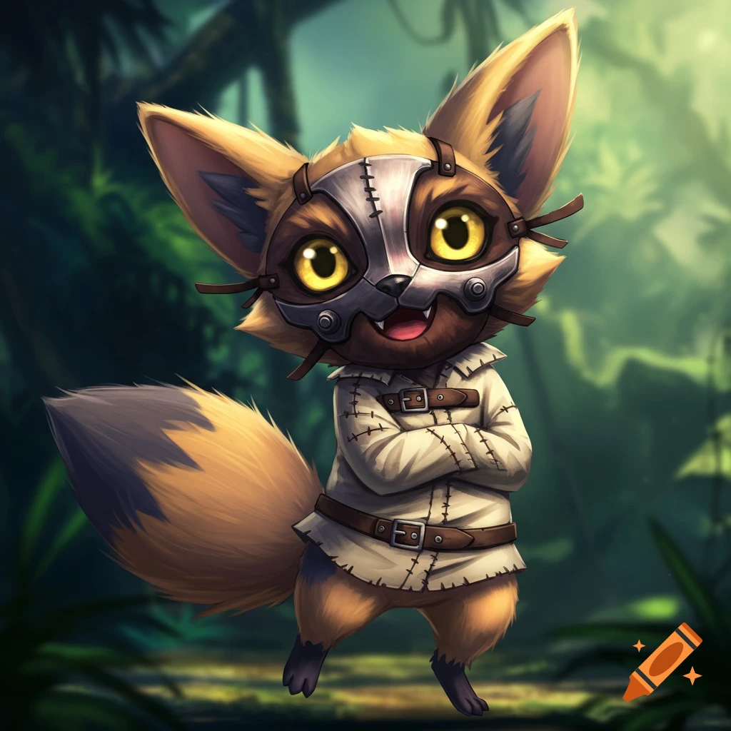 A cute fantasy creature resembling a fox wears a straitjacket and a metal mask in a jungle setting.