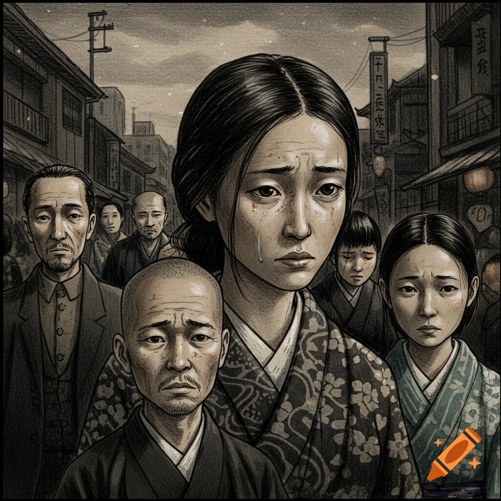 Pencil drawing of a group of sad Japanese people in historical dress standing on a street.