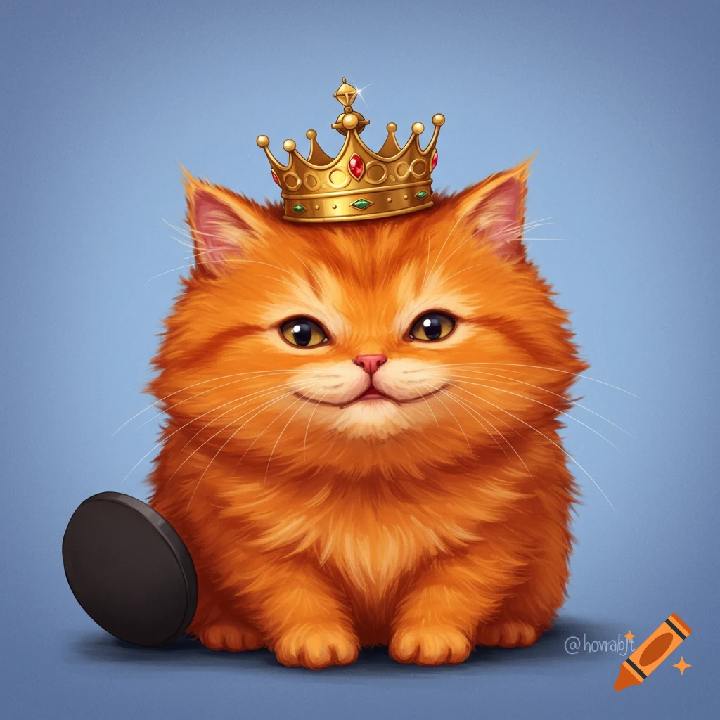 A cute orange tabby cat wears a golden crown.