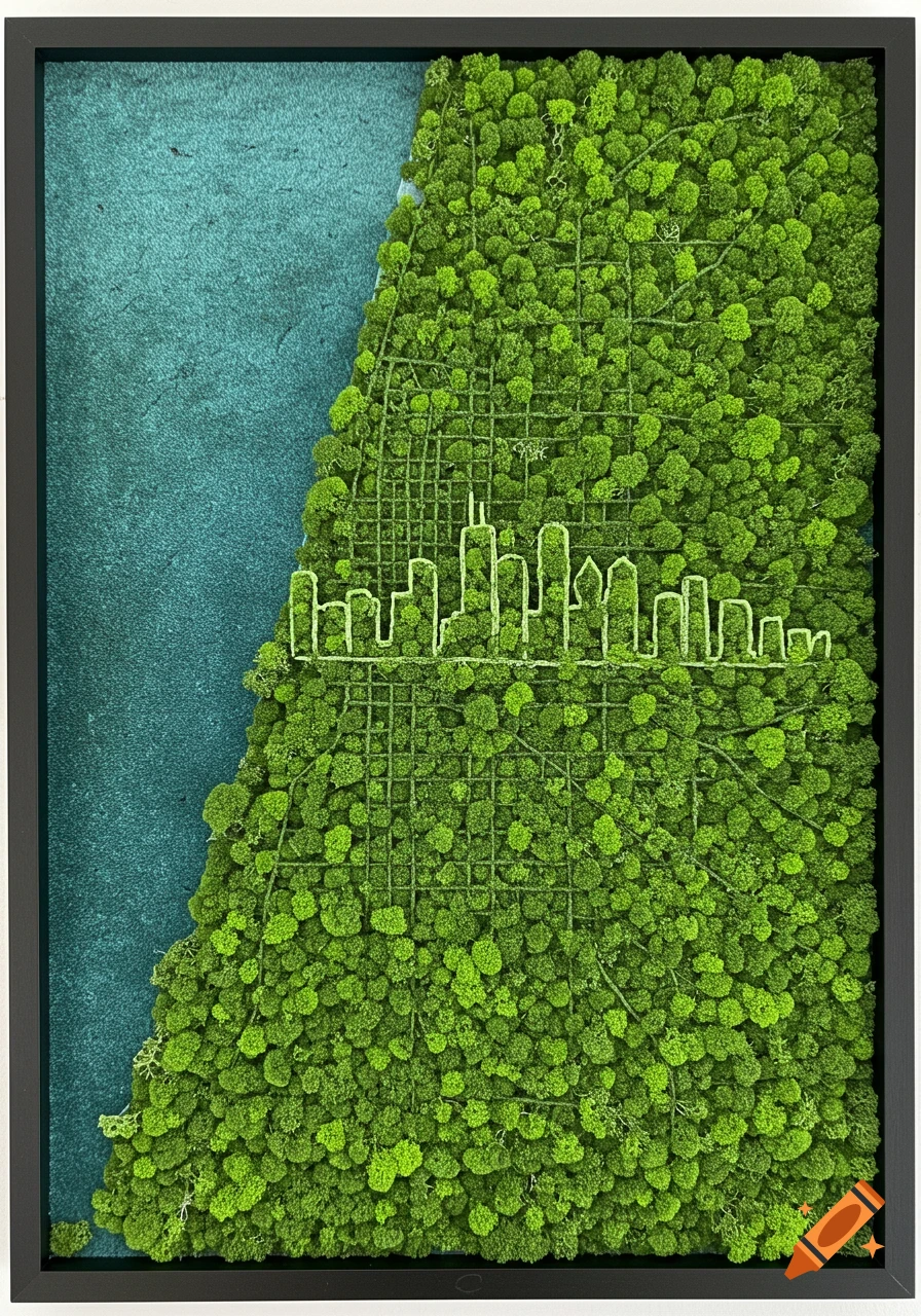 Framed green moss wall art depicting a map of Chicago including the skyline and lake.