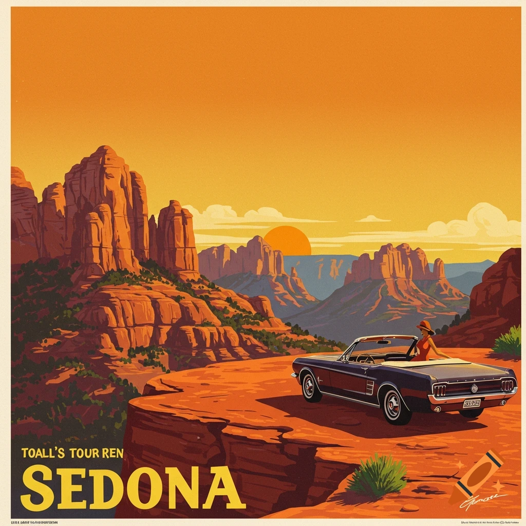 Vintage illustration of a red rock canyon landscape at sunset with a convertible car parked on a cliff edge.