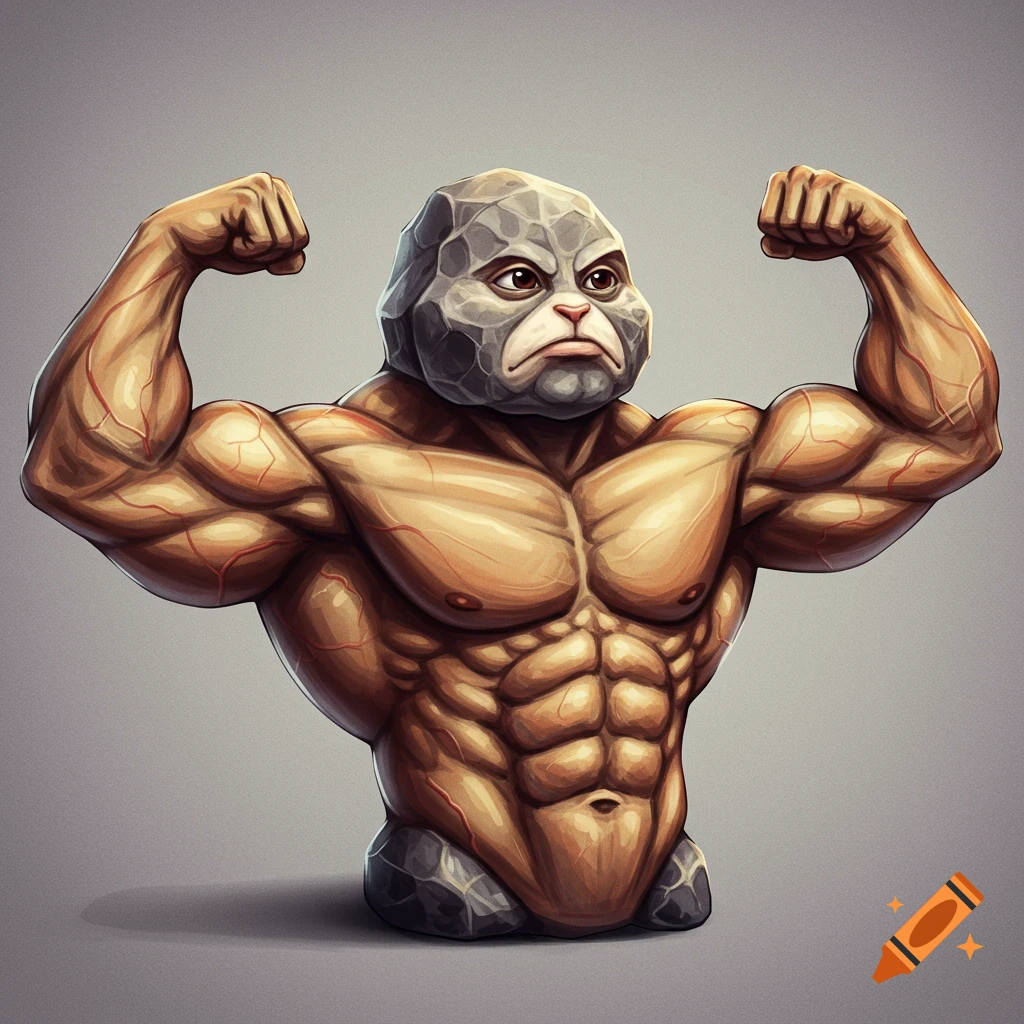 A muscular creature with a rock head flexing its biceps.