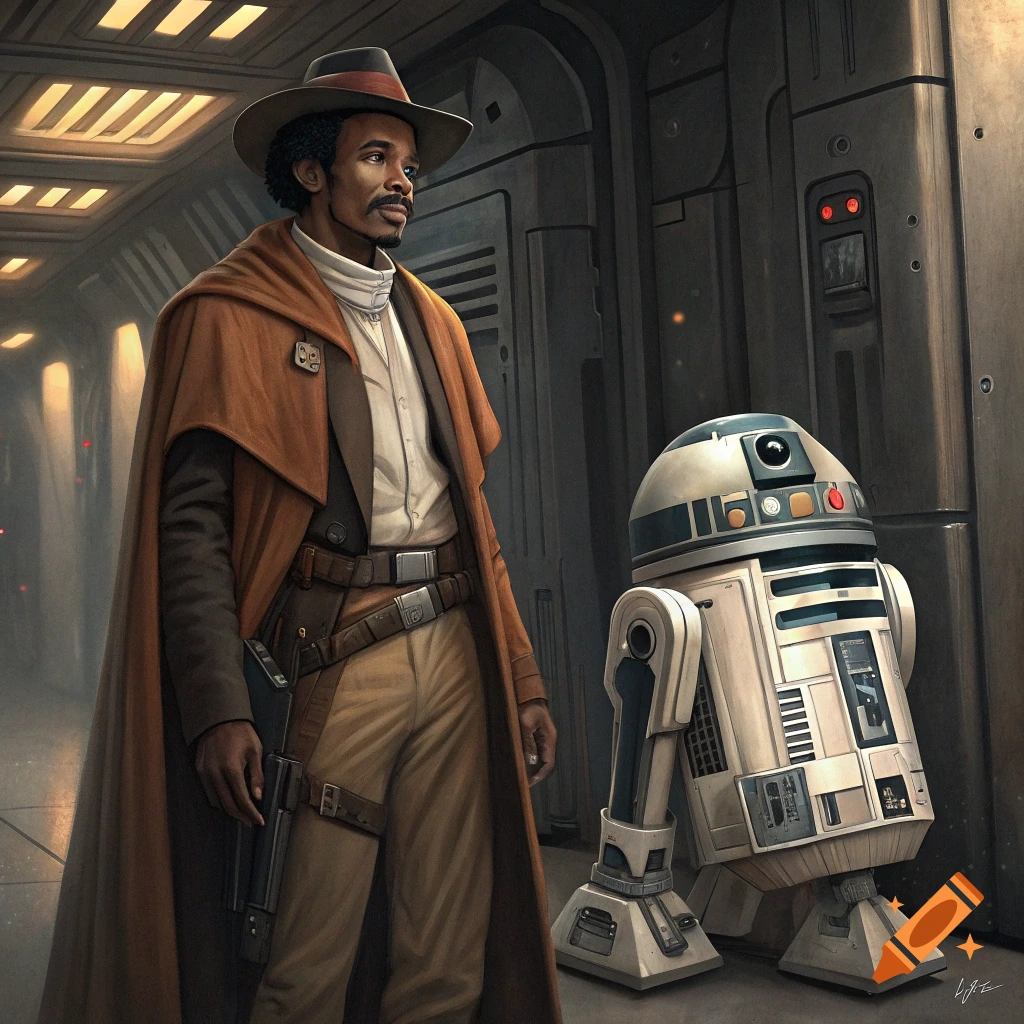 A man in a hat and cloak stands with a droid in a sci-fi corridor.