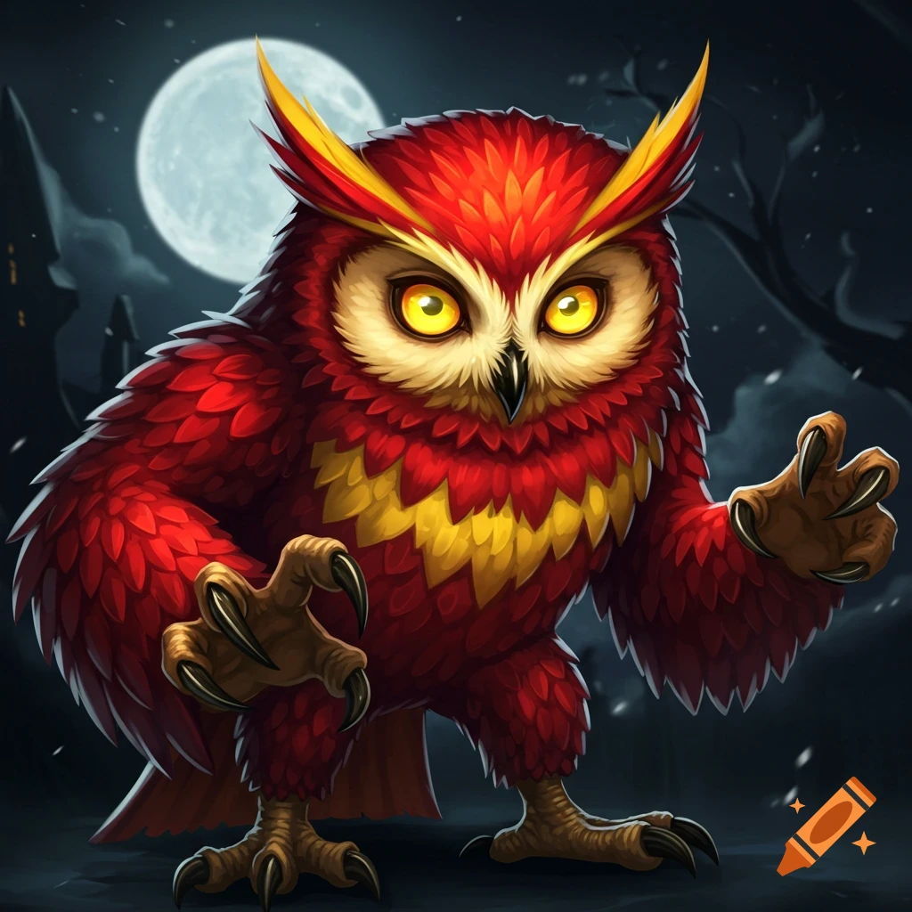 A fierce red and yellow owl stands in a dark night scene under a full moon.