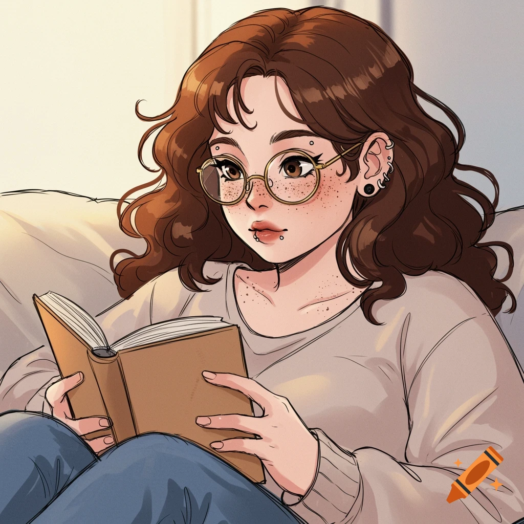 Sketch-like anime illustration of a girl with glasses and piercings reading a book