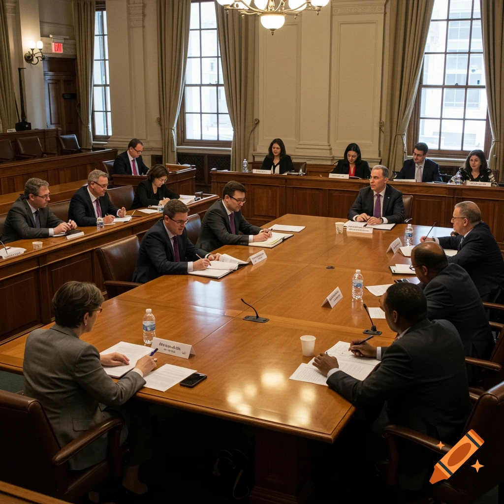 People attending a meeting around a large conference table in a formal room.
