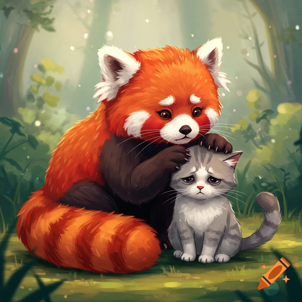 A red panda is petting a sad cat in a forest.