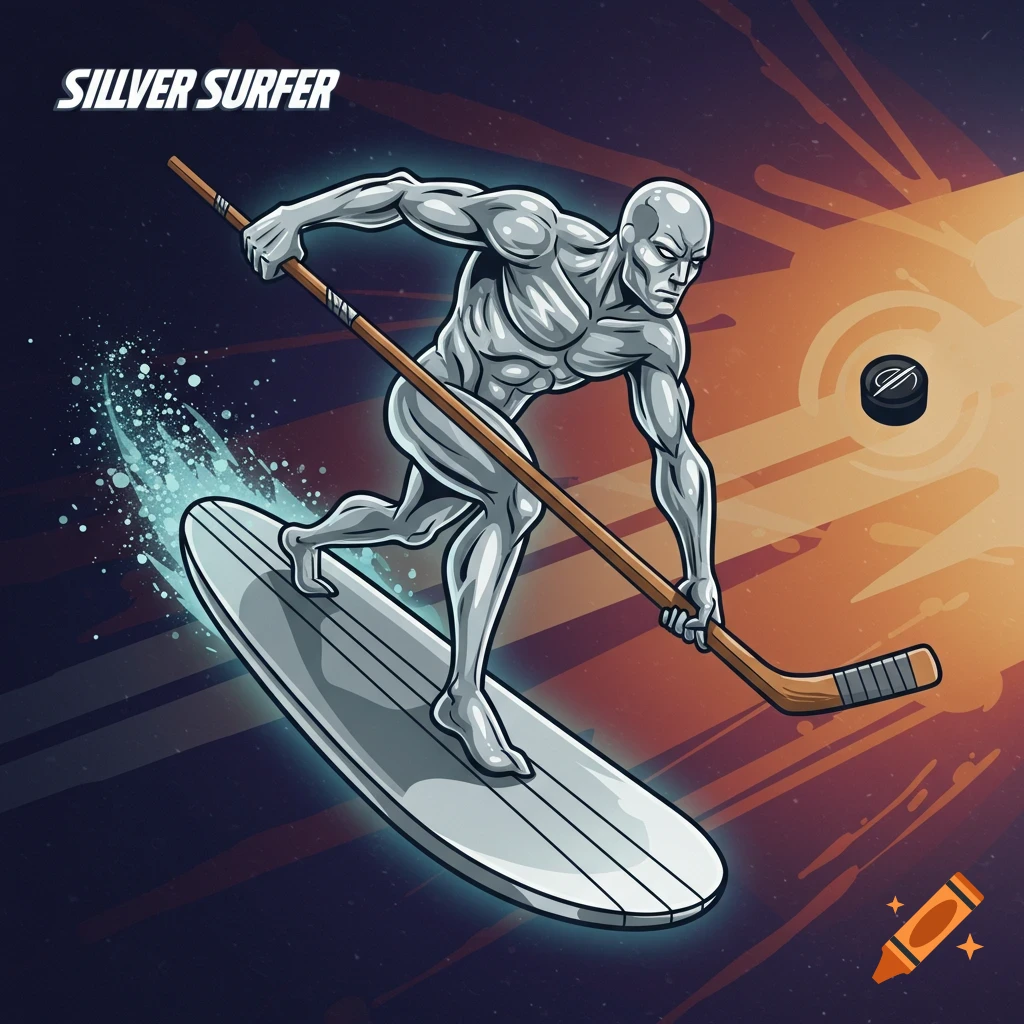 Vector graphic of Silver Surfer playing hockey on his board