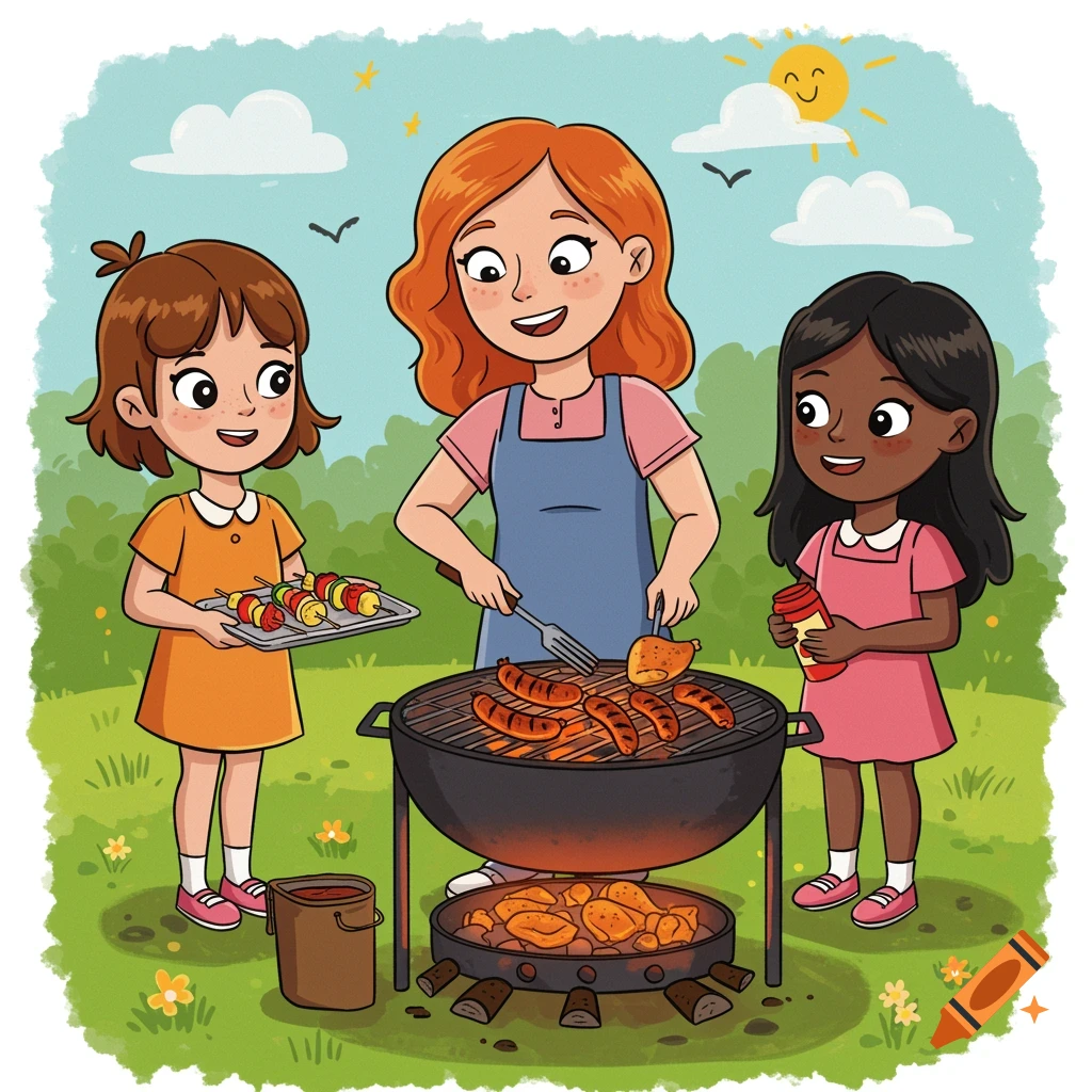 Cartoon illustration of a family barbeque with a mom and two daughters grilling food outdoors.