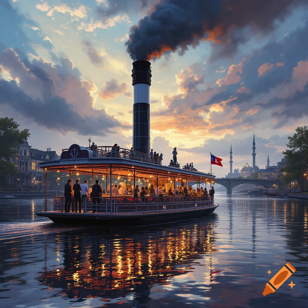 A riverboat party at sunset on a river with a cityscape in the background.