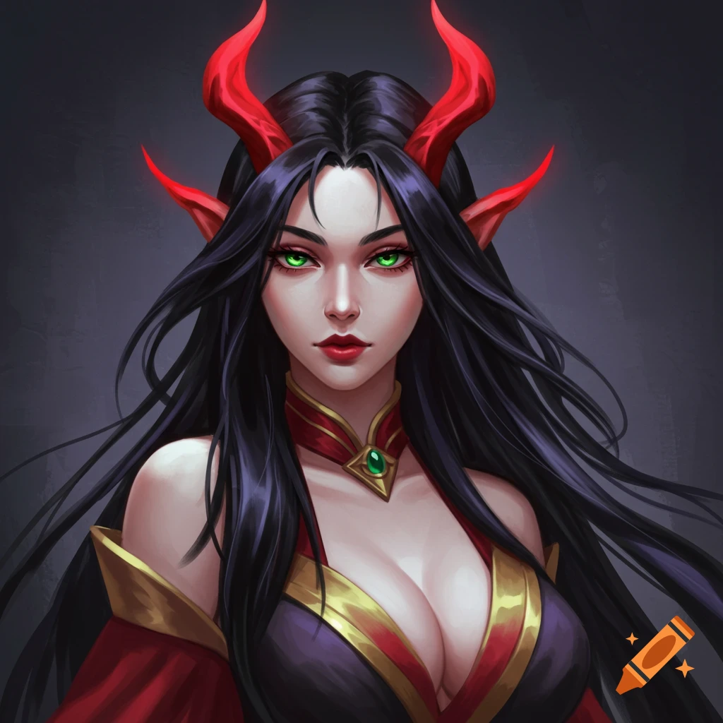A portrait of a woman with red horns, green eyes, and long black hair.