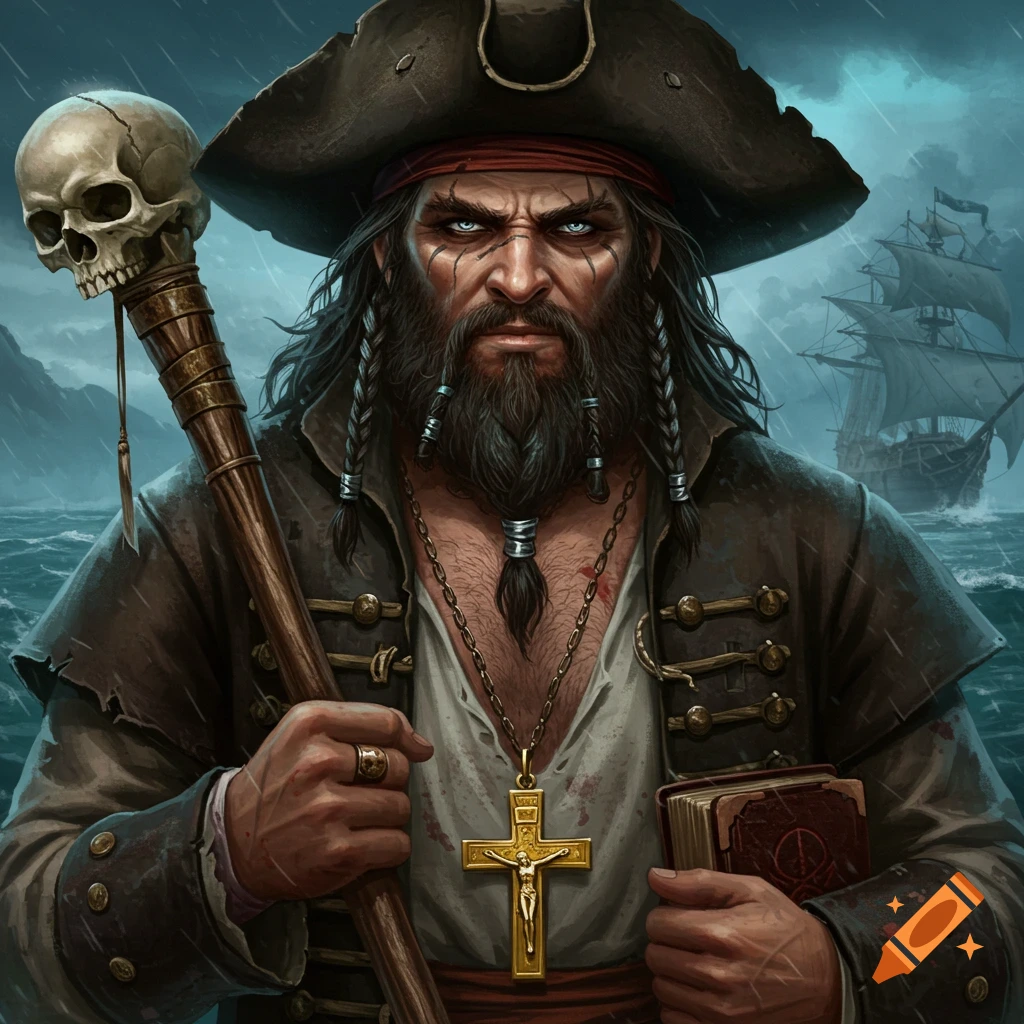 A bearded pirate priest with a skull staff and book stands against the backdrop of a ship on a stormy sea.