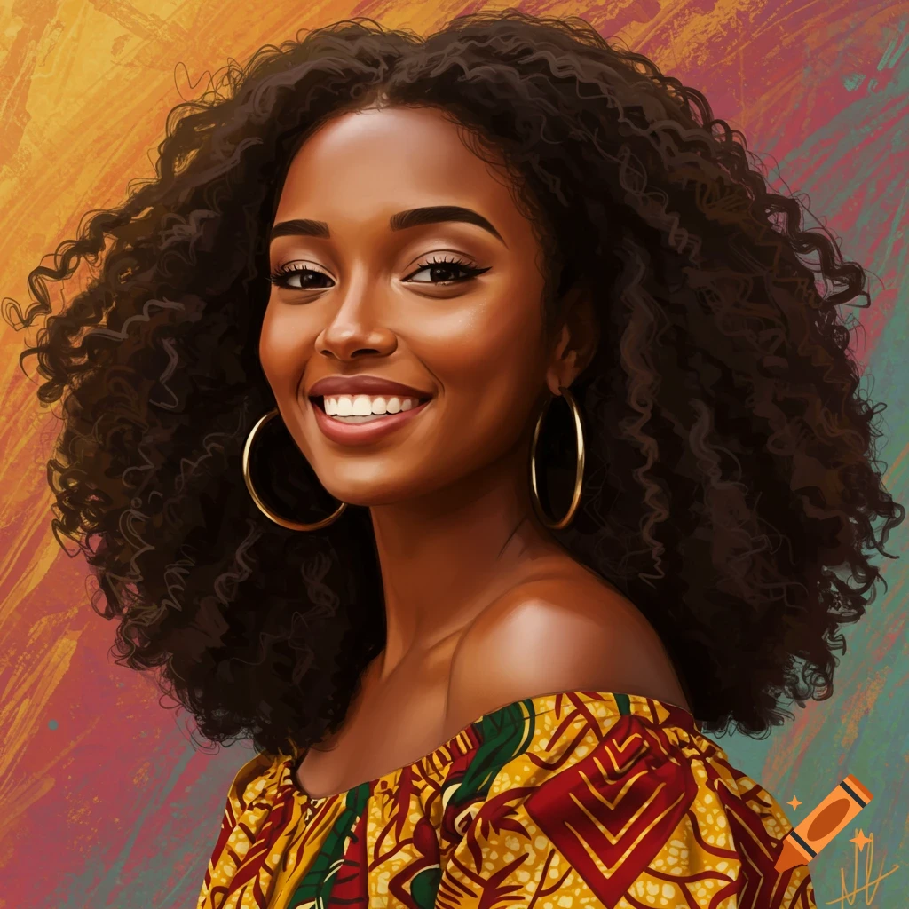 A smiling young black woman with curly hair and hoop earrings is wearing a colorful off-the-shoulder dress.