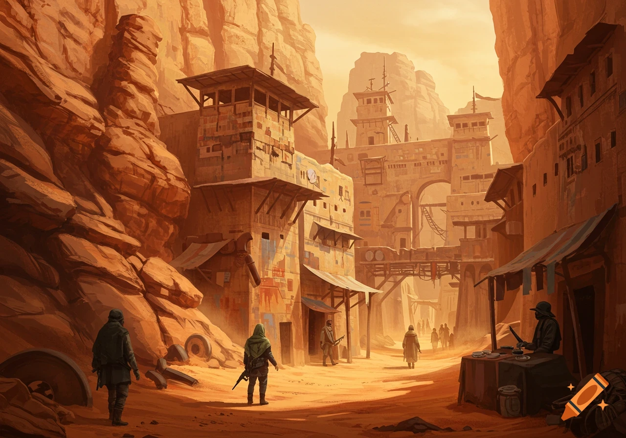 A post-apocalyptic desert outpost built into a rocky canyon with traders and soldiers.