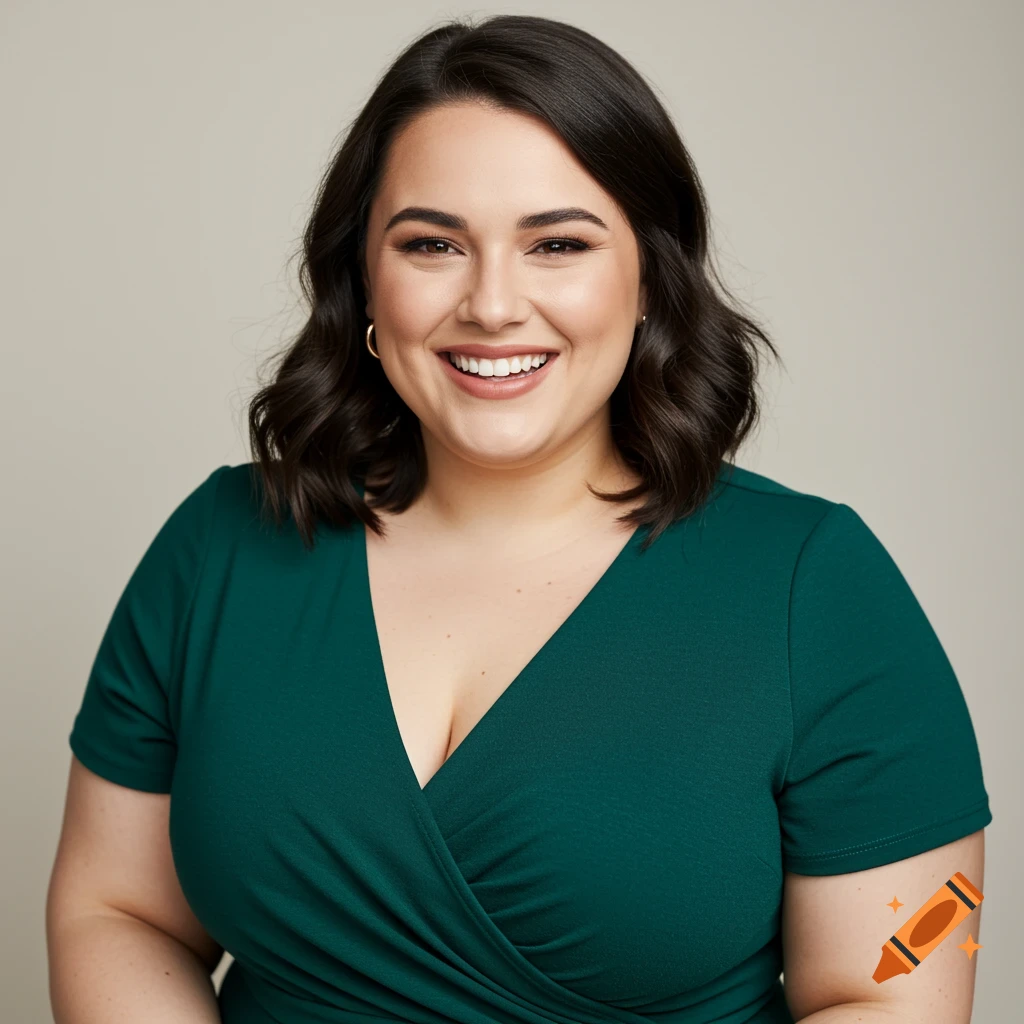 Smiling woman in green dress against a neutral background.