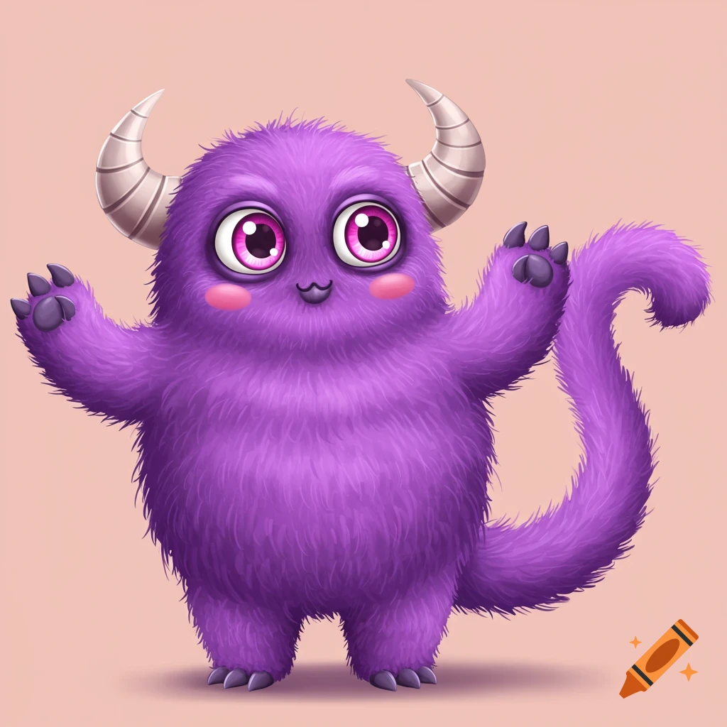 A cute fluffy purple monster with horns and big eyes