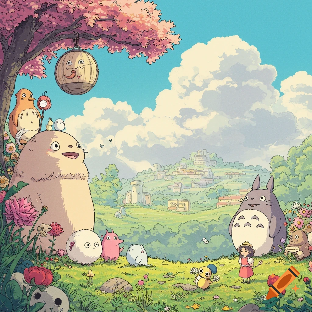 Whimsical anime scene with large and small fantastical creatures and a child in a grassy field under a cherry tree.