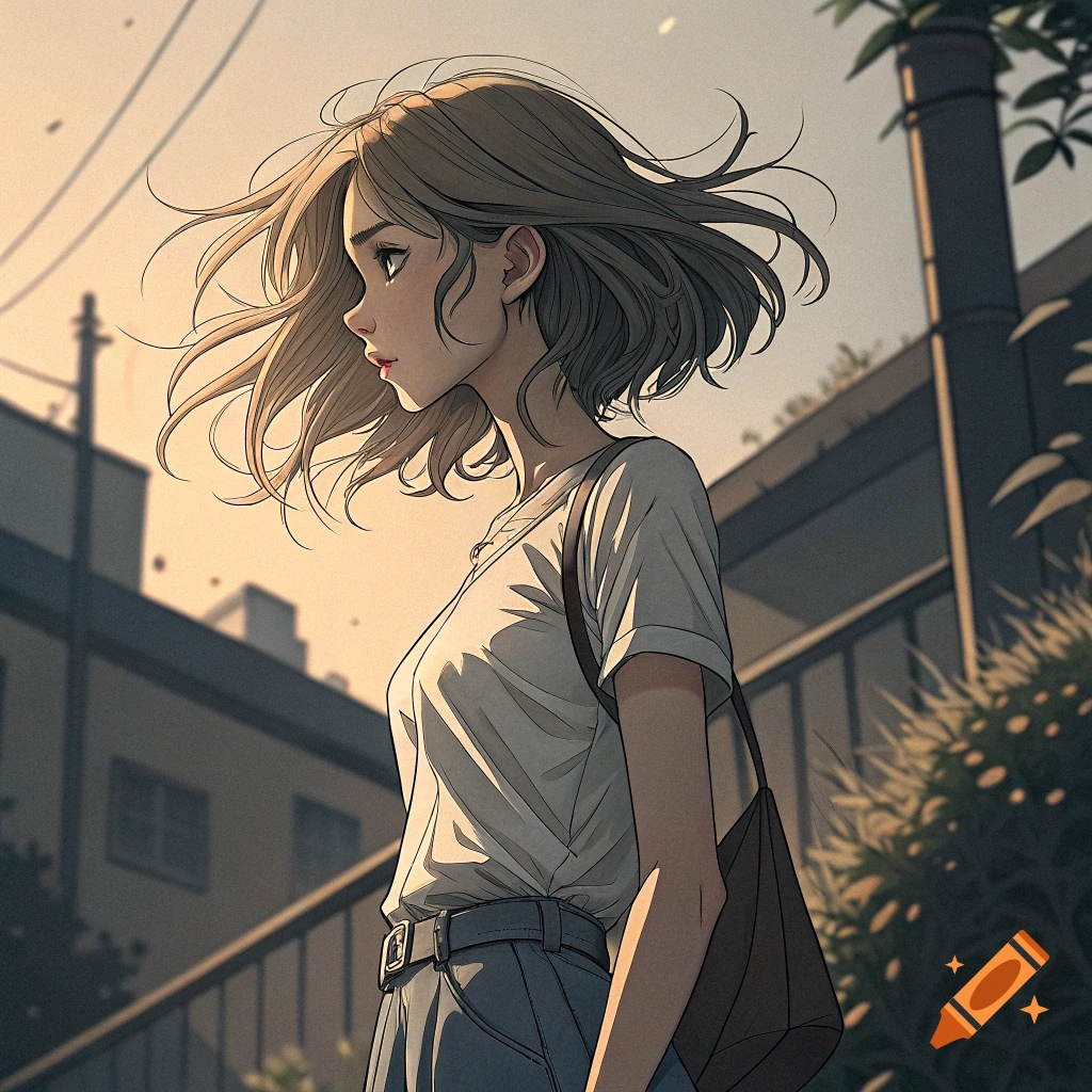 Anime illustration of a girl with windblown hair, looking left in a backlit urban scene.