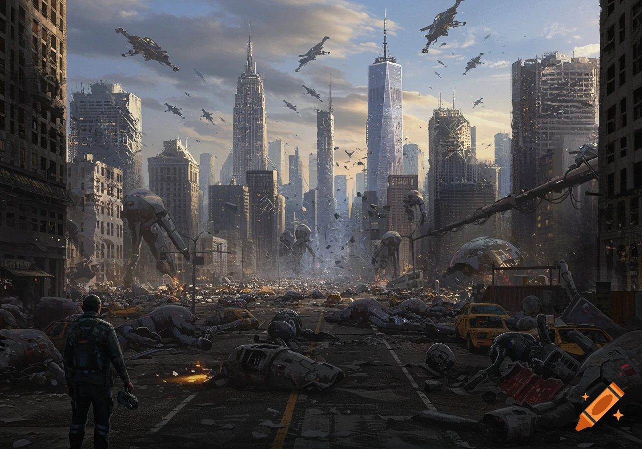 A ruined futuristic NYC street with a person, debris, destroyed robots, skyscrapers, and flying robots.