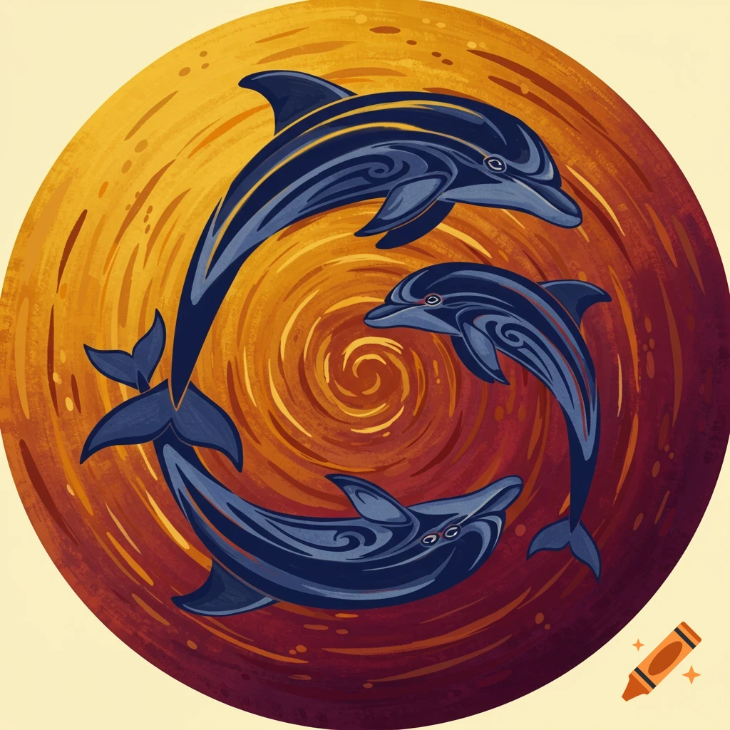 A circular tribal style image of three dolphins swimming in a spiral of orange and red.