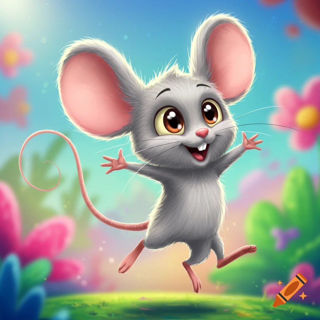 A cartoon mouse jumps happily outdoors.