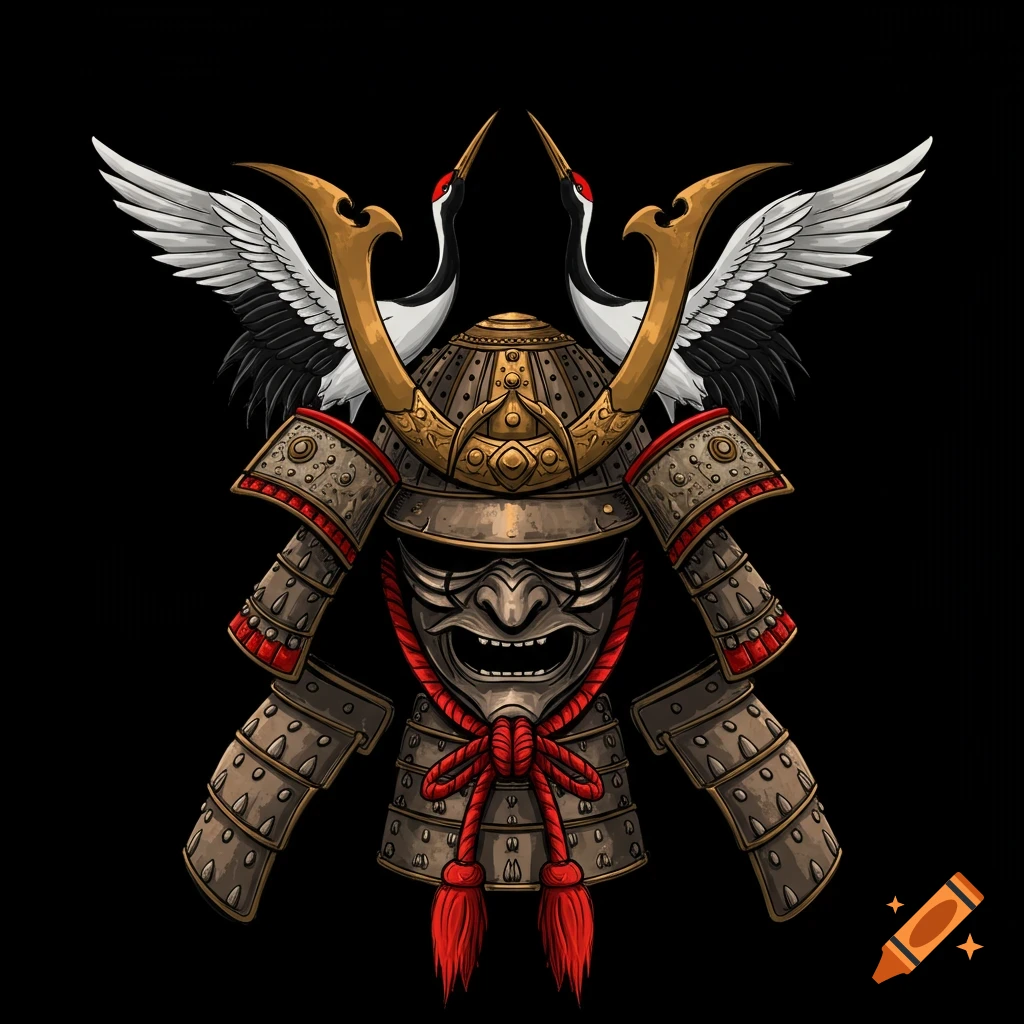 An illustration of a samurai helmet adorned with two red-crowned cranes.