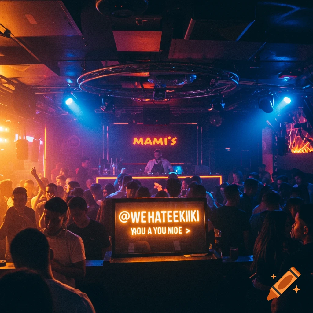 A crowded nightclub with a DJ on stage and screens displaying text including "MAMI'S" and "@WEHATEEKIIKI".
