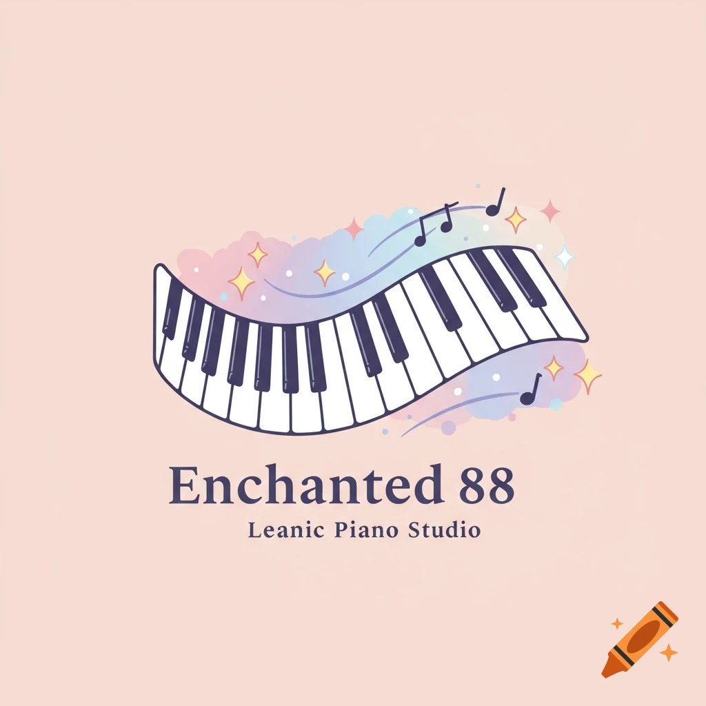 Logo with a waving piano keyboard, musical notes, sparkles, and text 'Enchanted 88 Leanic Piano Studio'.