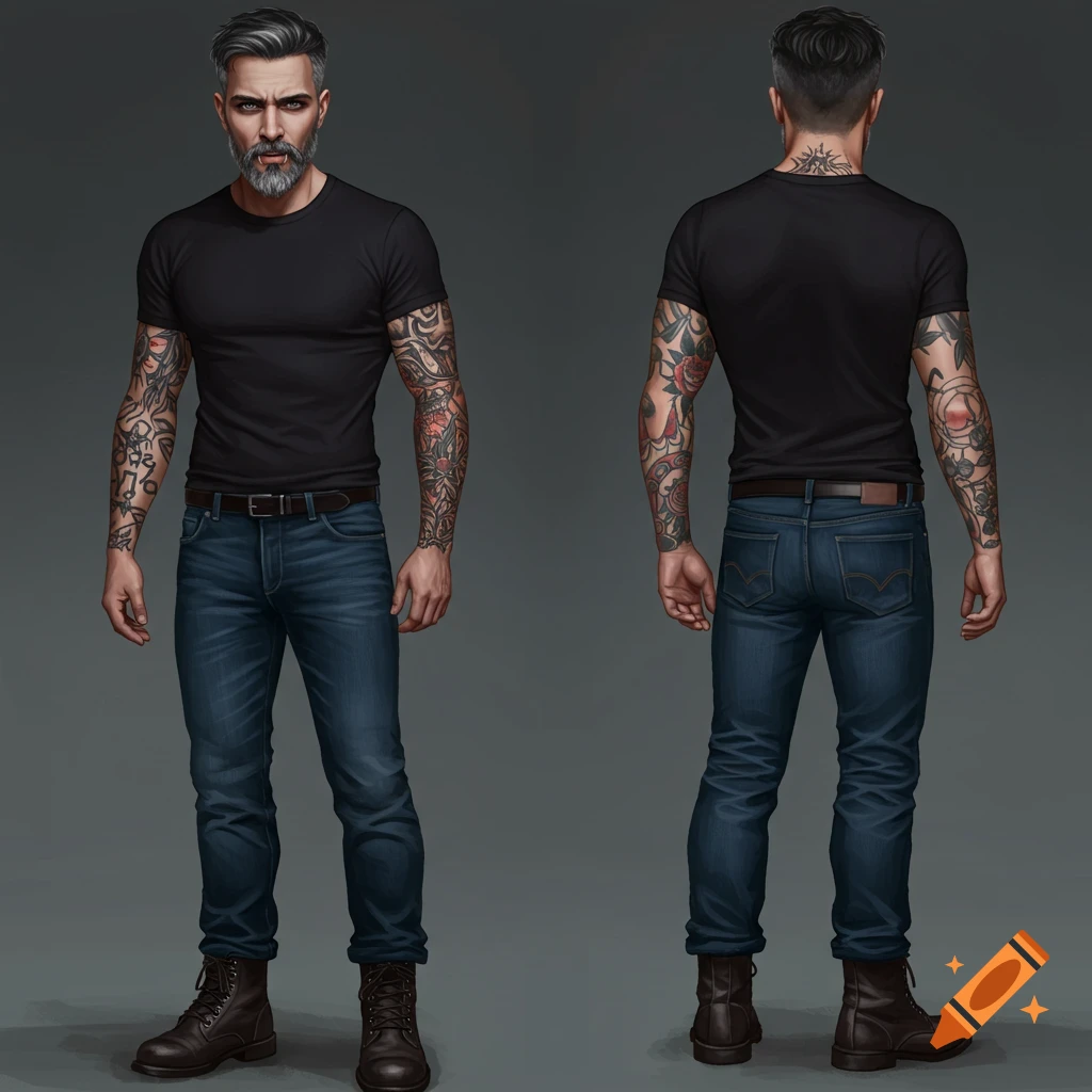 A man with tattoos wearing jeans, a black t-shirt, and boots.