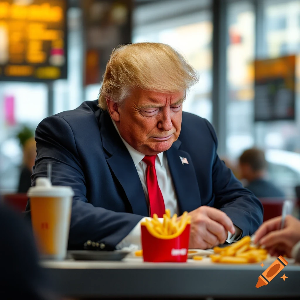 Donald Trump sits looking sad or crying at a table in a McDonald's restaurant with fries and a drink.