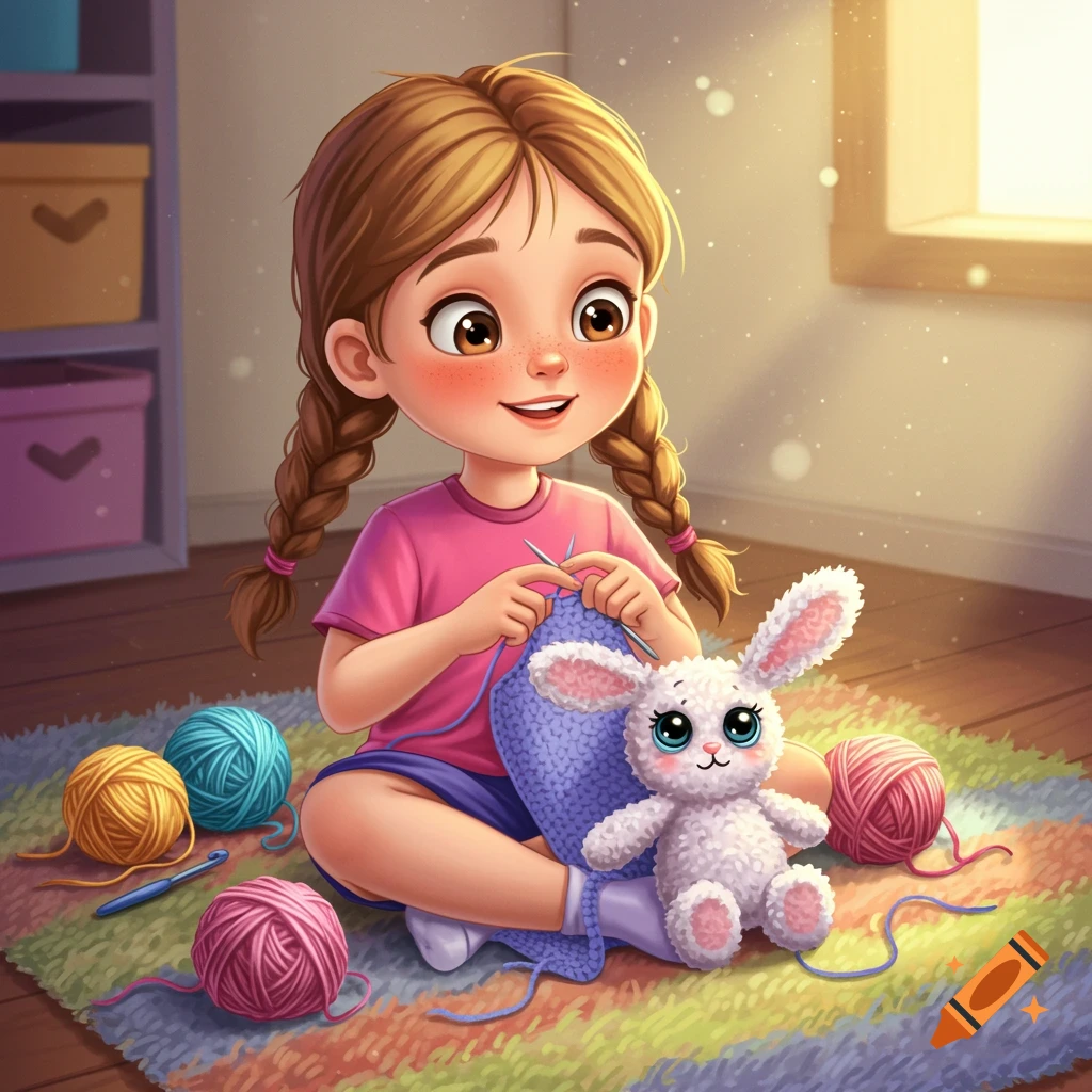 A cartoon illustration of a girl crocheting a white bunny plushie on a colorful rug.